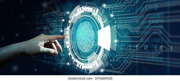 Businessman Using Fingerprint Scan. Fingerprint Scan Provides Access With Biometrics Identification On The Digital Convergence. Technology, Security And Identification Concept.