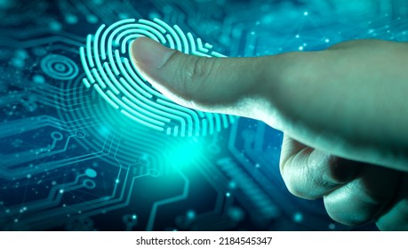 Businessman Using Fingerprint Scan. Fingerprint Scan Provides Access With Biometrics Identification On The Digital Convergence. Technology, Security And Identification Concept.