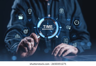Businessman using futuristic interface with time management icons, digital graphic style, on dark background. Concept of organization and efficiency