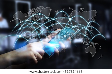 Businessman using global network and data exchanges with a mobile phone 3D rendering