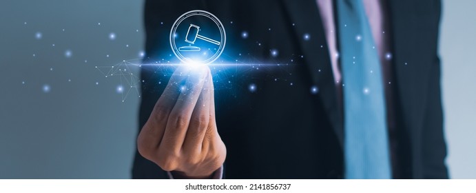 Businessman Using Hand Holding Hammer Icon,futuristic Line Network, Concept Bid Winner Highest Bidder In Final Lift,public Sale Property Auctioned Business Competition,e-auction And Online Bidding