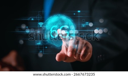 A businessman using a high-tech digital interface with 6G elements, illustrating the impact of advanced wireless networks on business, communication, and global technology.