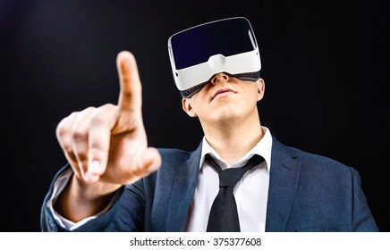 Businessman Using His Virtual Reality VR Glasses Head Mounted Display