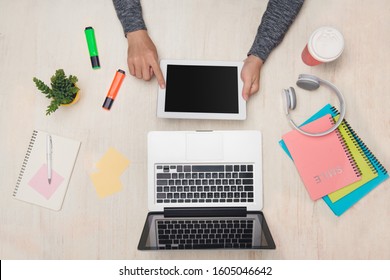 Businessman Is Using Ipad Or Tablet At His Office Table. Top View, Flat Lay.