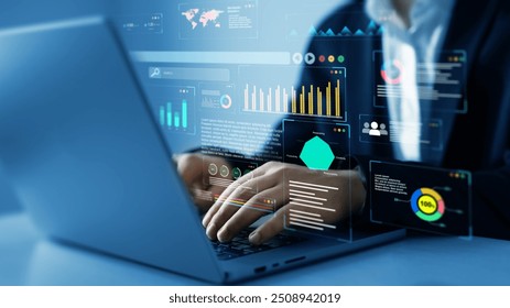 Businessman using KPI dashboard.Financial business KPI System data analytics graph dashboard.Data System KPI and metrics connected in database for follow earnings,operations and sales data. - Powered by Shutterstock