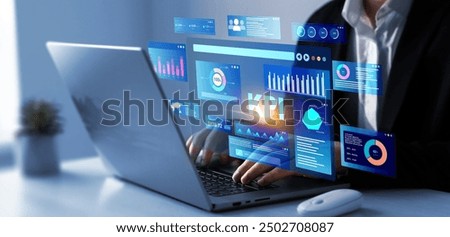 Businessman using KPI dashboard.Management data System KPI connected in database for follow earnings,operations and sales data.Financial business data analytics graph dashboard.