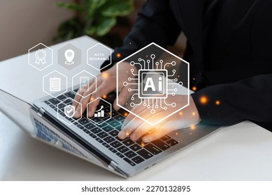 Businessman using laptop with AI tech auto insurance service concept, insurance data management, fast solve problem, service, digital transformation, certification, protection, digital application.