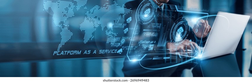 A businessman using a laptop with analysis data of Platform as a Service (PaaS) shows the global network market growing rapidly, driven by digital transformation, cloud adoption, and AI integration.