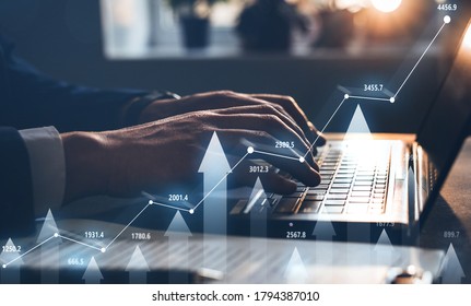 Businessman Using Laptop For Analyzing Data Stock Market. Forex Trading Graph Concept. Trading Forex Data Information.