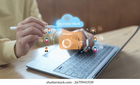 Businessman using a laptop with cloud computing icon for remote work, online file sharing, and team collaboration technology concept.