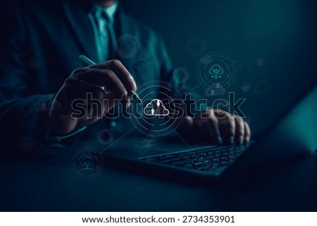 Businessman using laptop with cloud computing interface, upload download, cloud storage, data synchronization, secure network connection, digital infrastructure, modern IT business technology.