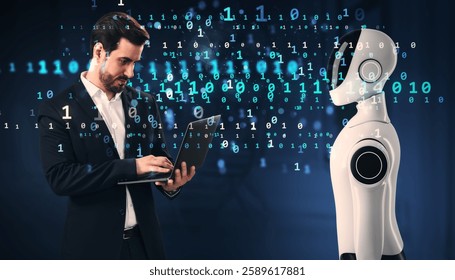 Businessman using laptop communicating with humanoid robot, digital binary code floating in air, futuristic technology concept on dark background