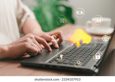 Businessman using laptop computer with cloud computing diagram. Business concept of cloud computing, Big Data Storage, Banking, Internet network security, Finance, Online Shopping, Digital link tech.