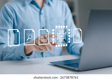 Businessman using laptop computer to command AI to create business reports and documents. AI technology, creative artificial intelligence, text analysis.
