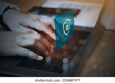 Businessman using a Laptop computer with Data protection, Cyber security, information safety and encryption concept. internet technology and business concept.
