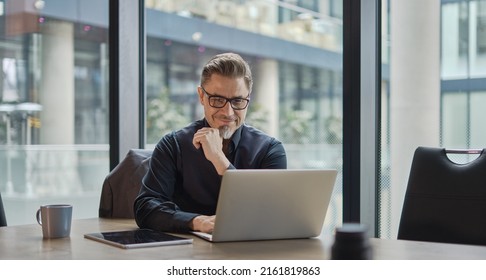 Businessman using laptop computer in office  Happy middle aged man  entrepreneur  small business owner working online 