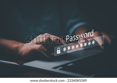 Businessman using laptop computer password cyber security identity theft and cloud network system application information privacy internet online protection.