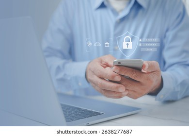 Businessman using laptop computer for protect personal data encryption. global network security technology padlock icon on virtual interface cyber security concept.