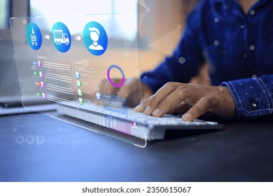 Businessman using laptop computer to tracking package shipment or travel status from seller to destination buyer domestic and international. Parcell transportation shipping online Marketing