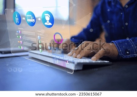 Businessman using laptop computer to tracking package shipment or travel status from seller to destination buyer domestic and international. Parcell transportation shipping online Marketing