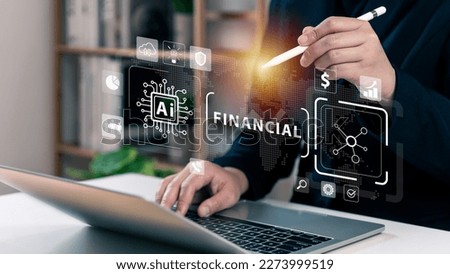Businessman using laptop connecting to AI tech financial concept, business global AI connecting application technology and digital marketing, financial hub currency, money management, virtual banking.