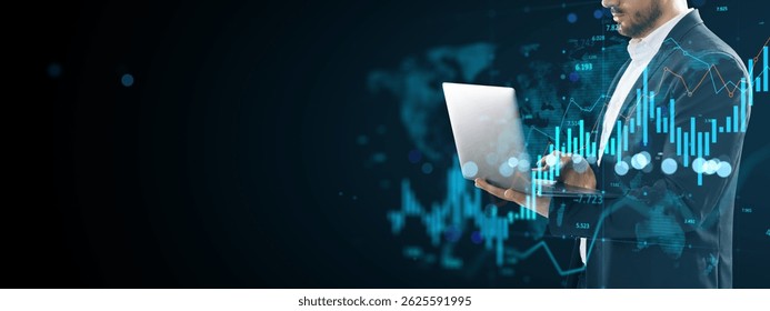 Businessman using laptop with digital financial graphs overlay, modern light effects, dark background. Concept of global finance and data analysis