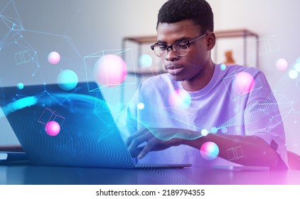  businessman using laptop, double exposure, digital hologram of spheres and blocks floating, lines and connection. Concept of metaverse