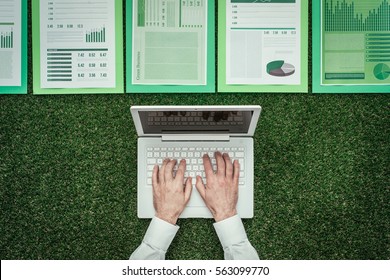 Businessman using a laptop and financial reports on lush grass: green business, sustainability and communication concept