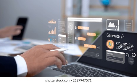 Hombre de negocios que utiliza una computadora portátil con interfaces de IA flotantes, simbolizando datos de tecnología futurista, comunicación digital en línea e inteligencia artificial en entornos comerciales modernos.