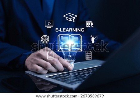 Businessman using laptop with glowing e-learning icons, symbolizing online education, digital training, knowledge sharing, virtual classroom, and modern technology learning platform.