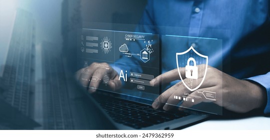 Businessman using laptop login username and password identity on virtual screen. Cyber security protect business transaction from online digital cyber attack. - Powered by Shutterstock