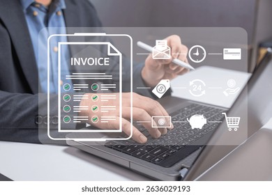 Businessman using a laptop to manage digital invoices and online payment processes with virtual icons overlay.