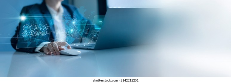 Businessman using laptop online banking and financial, Business and security in networking, Internet network security, Banking and financial, Fintech, e-kyc, Digital marketing, Data privacy protection - Shutterstock ID 2142212251