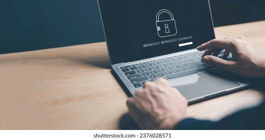 Businessman using laptop privacy security and encryption with digital padlock on internet, Cyber security network. Data protection technology networking with cloud and data management, cybersecurity. - Powered by Shutterstock