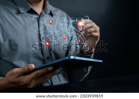 Businessman using laptop to searching world map with location point, GPS app, Destination travel maps and find places in the online system, searching by satellite system.	

