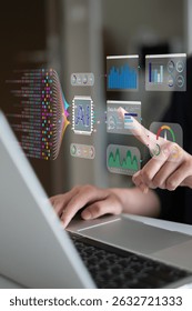 Businessman using laptop tablet data analysis big data technology artificial intelligence ai innovation concept finance business chart information science system digital research software statistic