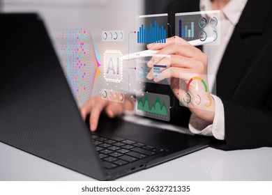 Businessman using laptop tablet data analysis big data technology artificial intelligence ai innovation concept finance business chart information science system digital research software statistic