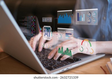 Businessman using laptop tablet data analysis big data technology artificial intelligence ai innovation concept finance business chart information science system digital research software statistic
