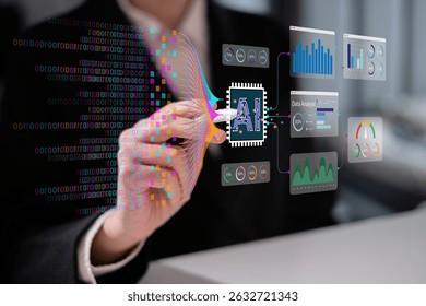 Businessman using laptop tablet data analysis big data technology artificial intelligence ai innovation concept finance business chart information science system digital research software statistic