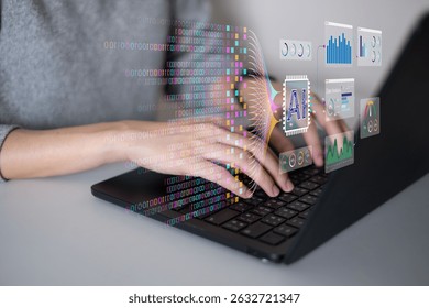 Businessman using laptop tablet data analysis big data technology artificial intelligence ai innovation concept finance business chart information science system digital research software statistic