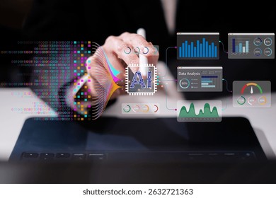 Businessman using laptop tablet data analysis big data technology artificial intelligence ai innovation concept finance business chart information science system digital research software statistic