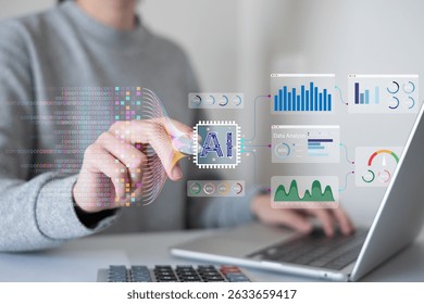 Businessman using laptop tablet data analysis big data technology artificial intelligence ai innovation concept finance business chart information science system digital research software statistic