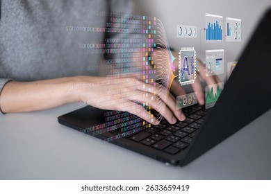 Businessman using laptop tablet data analysis big data technology artificial intelligence ai innovation concept finance business chart information science system digital research software statistic