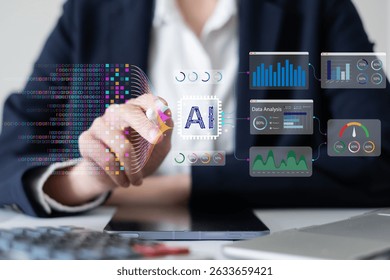 Businessman using laptop tablet data analysis big data technology artificial intelligence ai innovation concept finance business chart information science system digital research software statistic