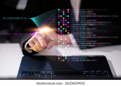 Businessman using laptop tablet data analysis big data technology artificial intelligence ai innovation concept finance business chart information science system digital research software statistic
