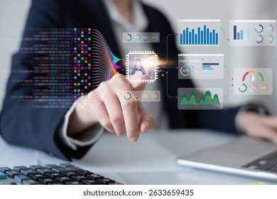 Businessman using laptop tablet data analysis big data technology artificial intelligence ai innovation concept finance business chart information science system digital research software statistic