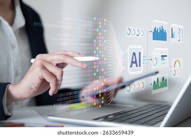 Businessman using laptop tablet data analysis big data technology artificial intelligence ai innovation concept finance business chart information science system digital research software statistic