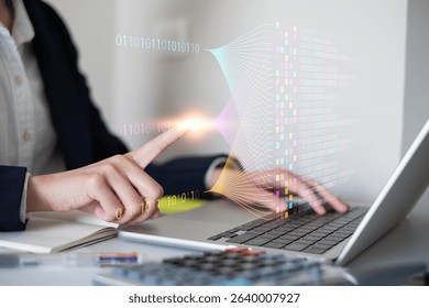 Businessman using laptop tablet data analysis big data technology artificial intelligence ai innovation concept finance business chart information science system digital research software statistic