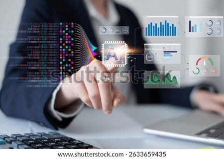 Businessman using laptop tablet data analysis big data technology artificial intelligence ai innovation concept finance business chart information science system digital research software statistic