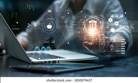 Businessman using laptop and touching icon banking on network connection. Digital marketing. Finance and banking networking. Online shopping and customer network, cyber security. Business technology.